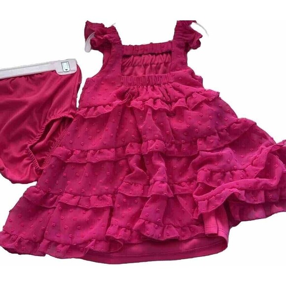 Rare Editions Baby Girl Ruffle Fly Sleeve Polka Dot Chiffon Dress 2p set fushia - Picture 7 of 8